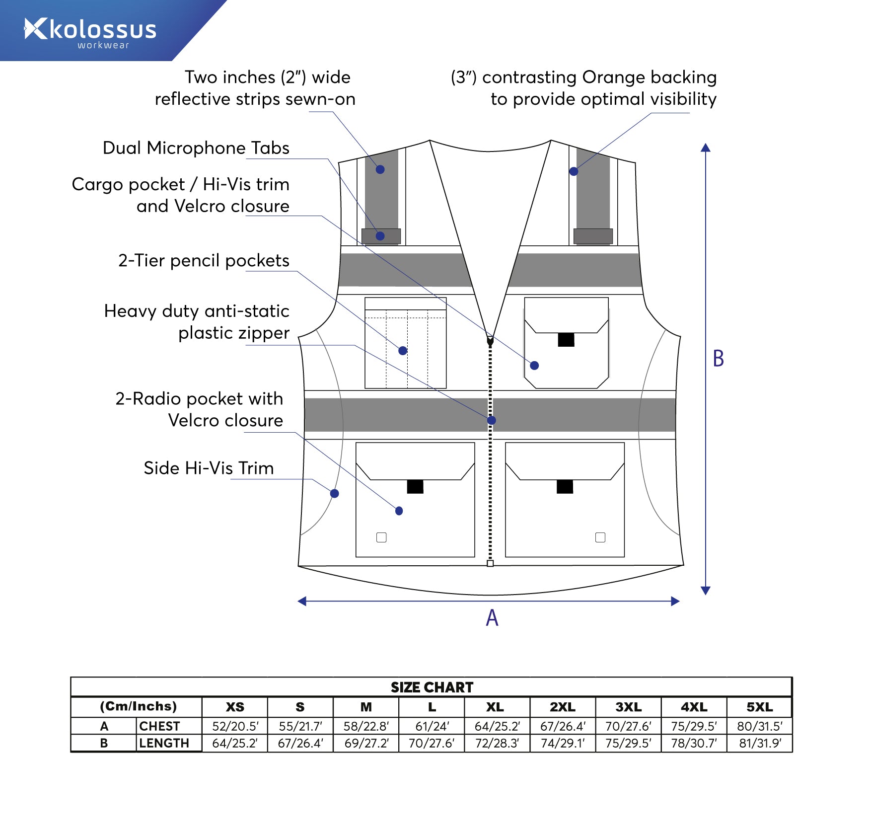KV02 - Kolossus Deluxe High Visibility Vest with Multi Frontal Pockets | ANSI Class 2 Compliant
