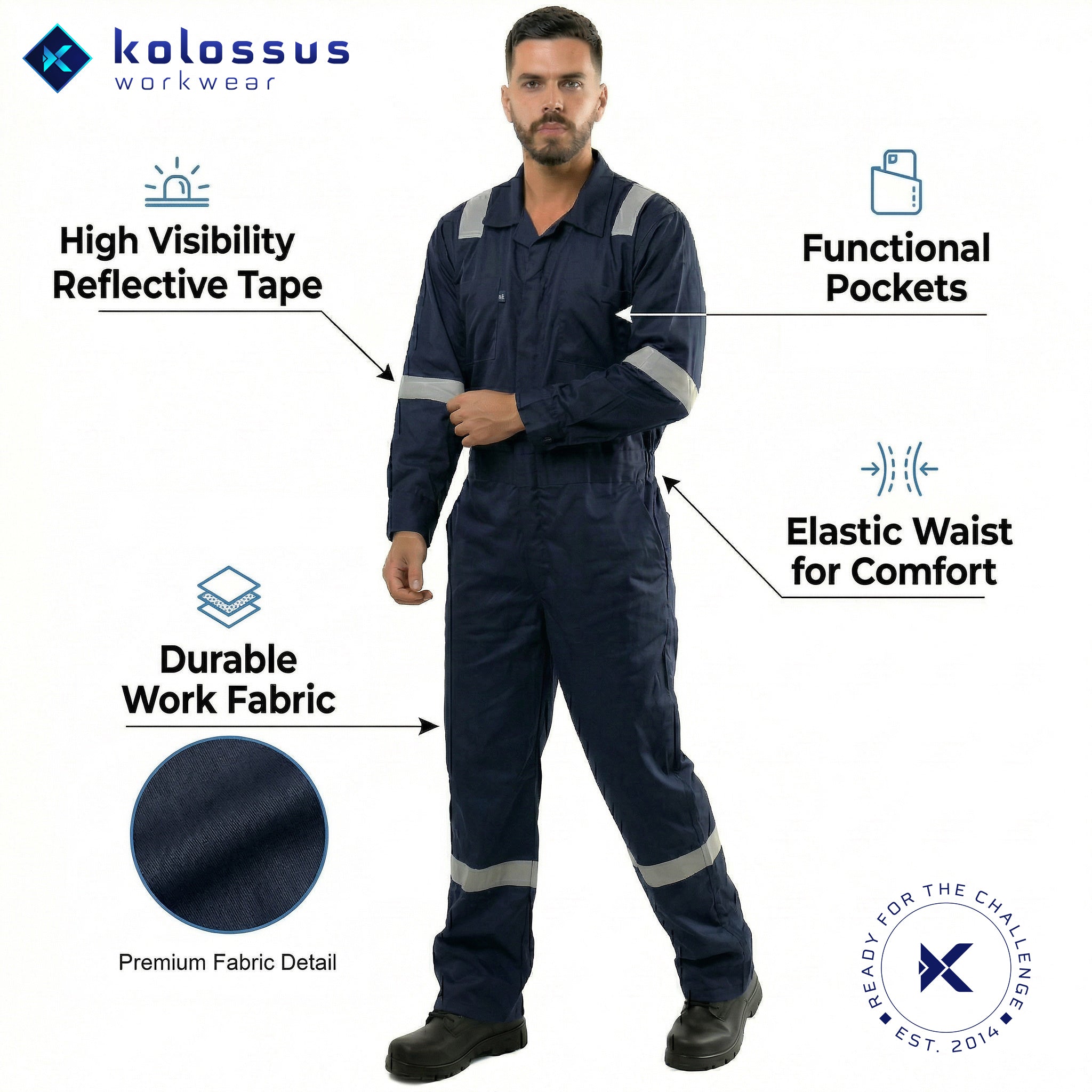 Kolossus Men’s Work Coveralls Reflective Tape Mechanic Jumpsuit Durable Industrial Workwear Model KC05